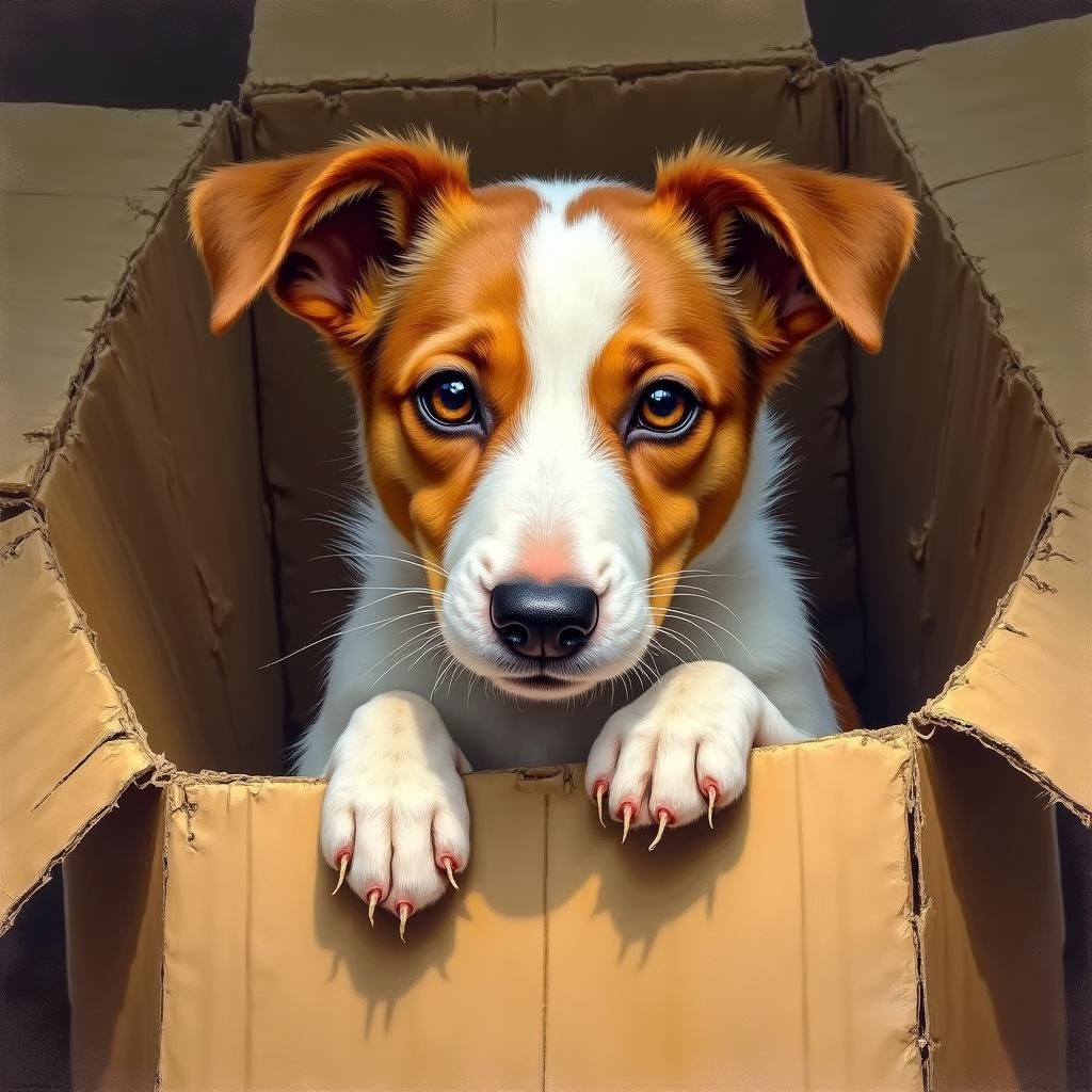 A jack russell dog peering out of a cozy cardboard box