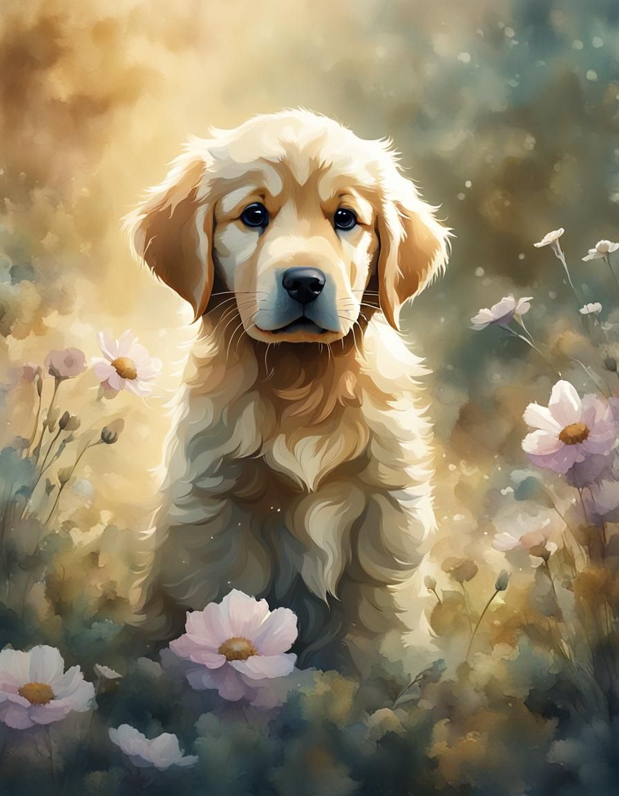 Dreamlike Watercolor Golden Retriever Puppy Art