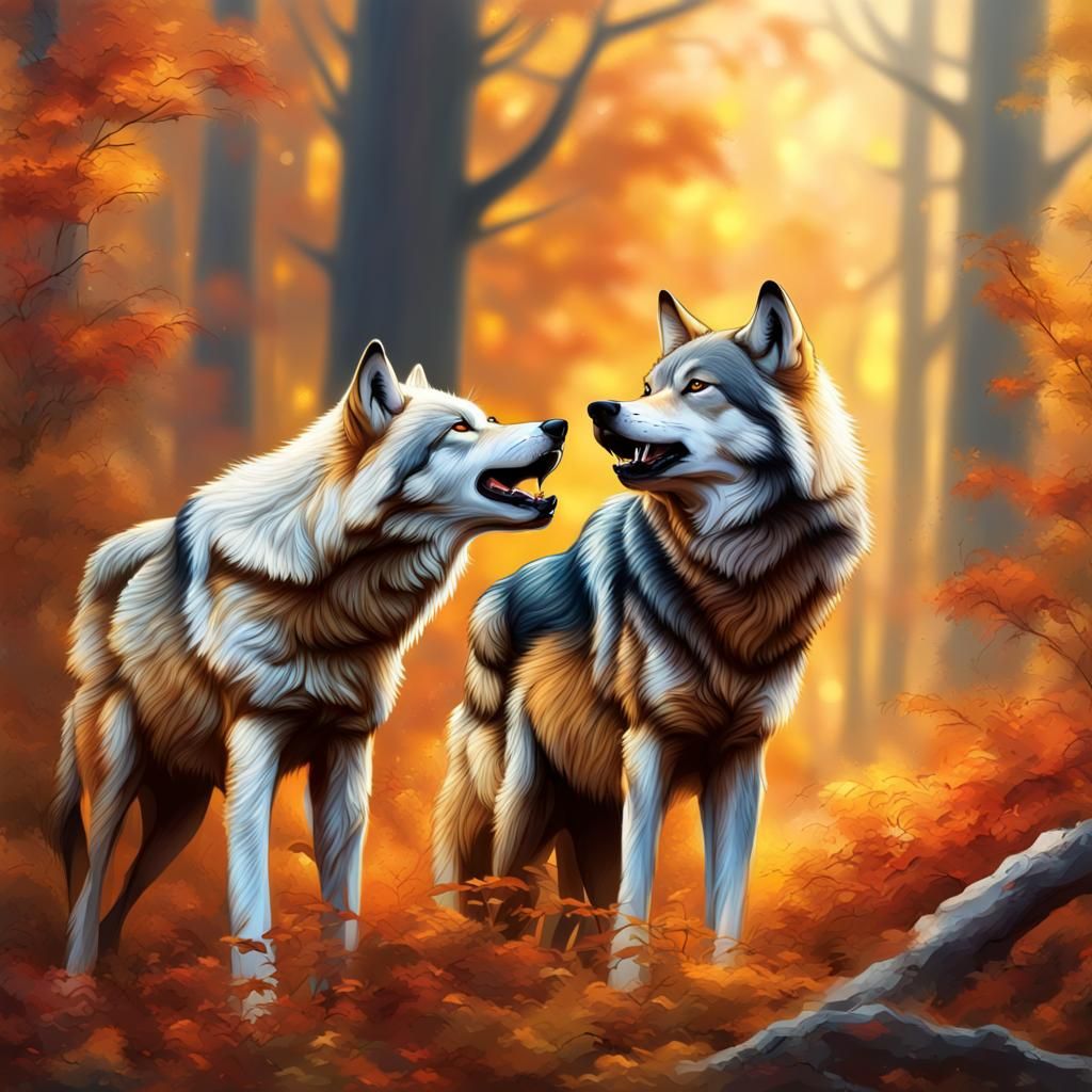 Wolves Play in Autumnal Forest: Hyperrealistic Splash Art