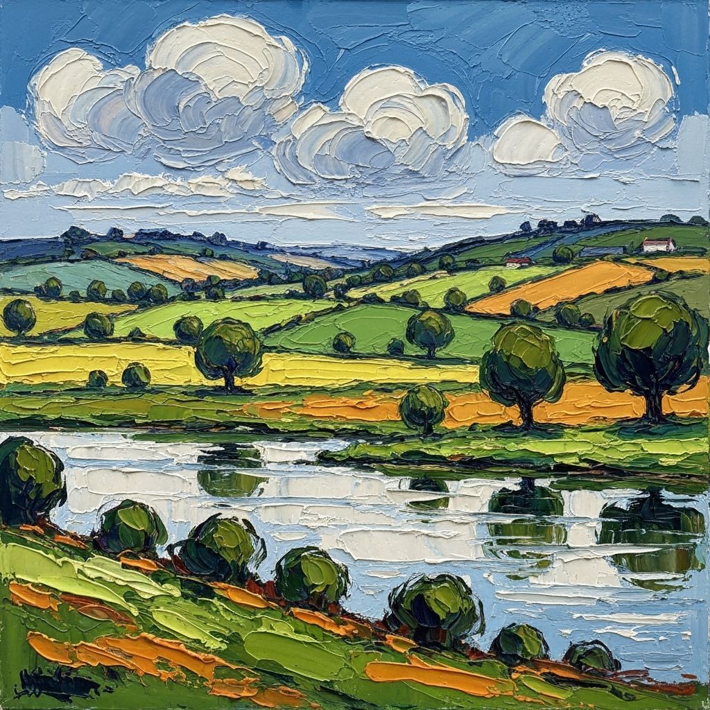 Impasto Countryside Scene with Rolling Hills