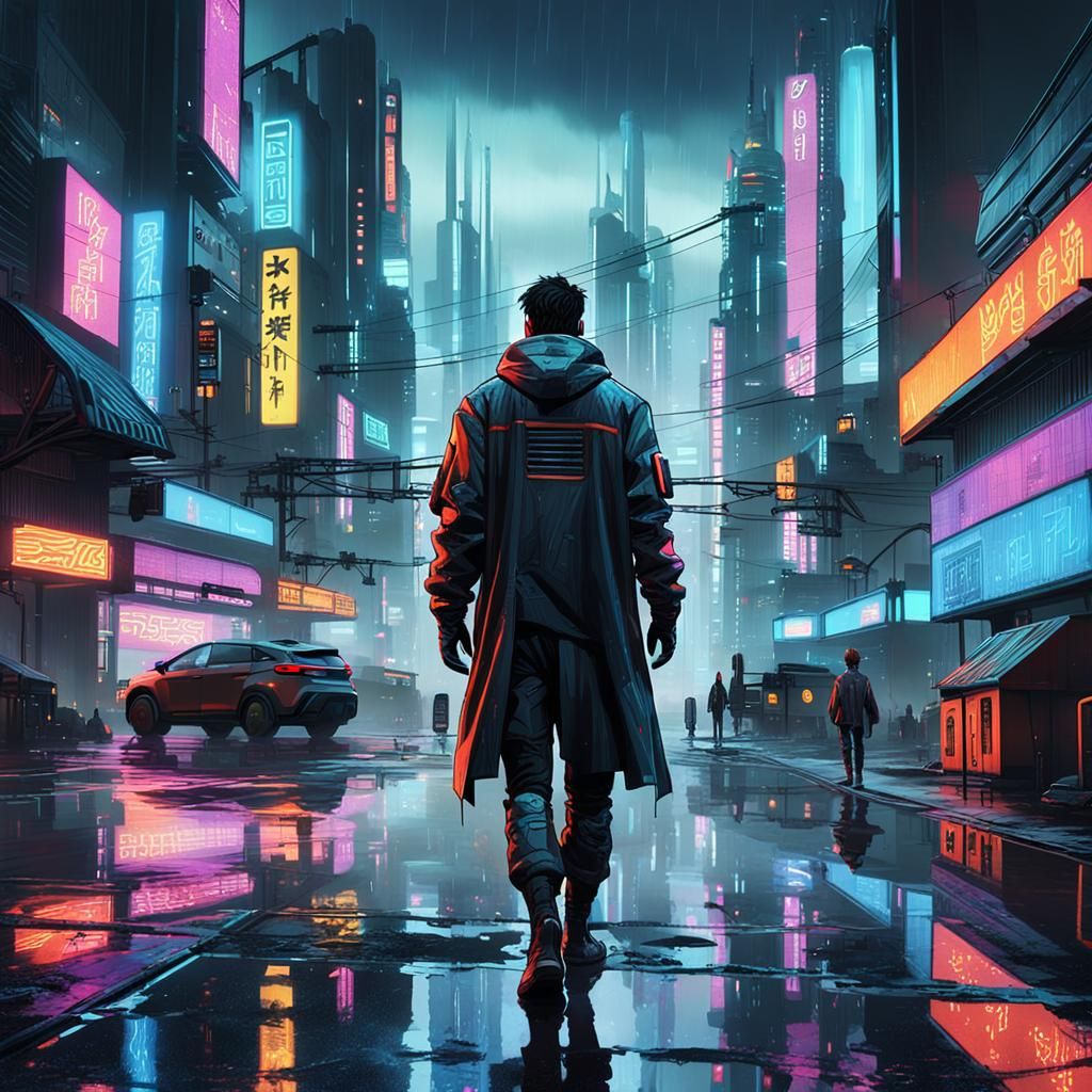 Medium shot of a male sci-fi protagonist in a cyberpunk city...