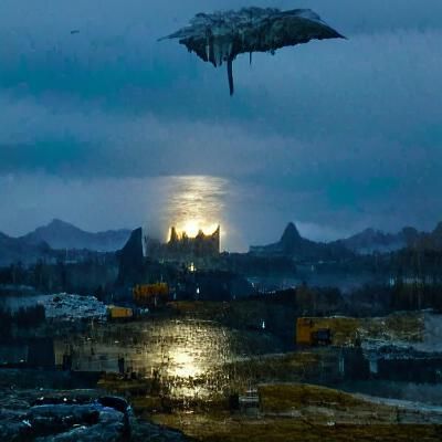 Pale Moon Over Rainy Cityscape at Night