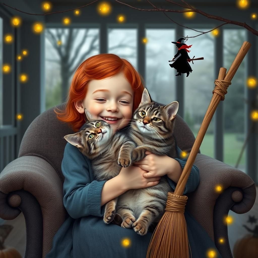 Girl Laughing with Cat on Porch at Night