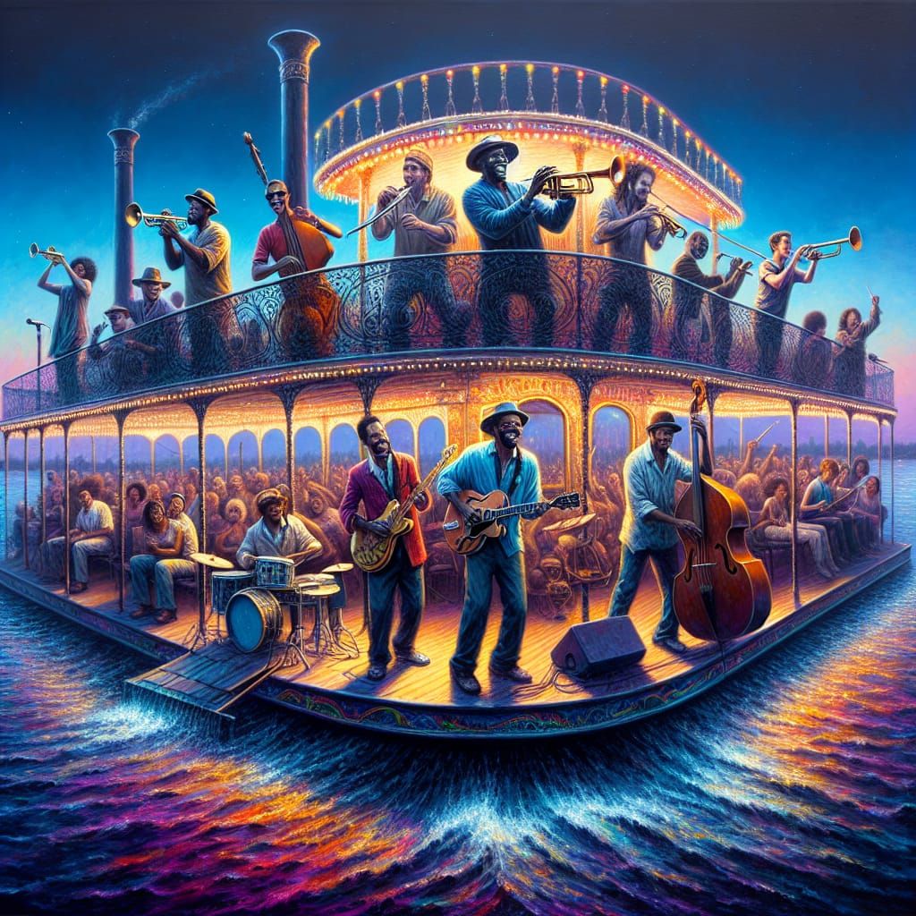 Radiant River Paddleboat Concert Under Evening Sky