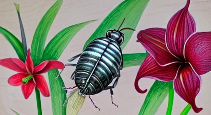 Realistic Isopod and Scarlet Amaryllis in Colored Pencil