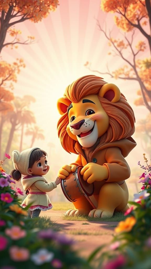 Lion Gift: Pixar-Style Drum Presentation in Forest