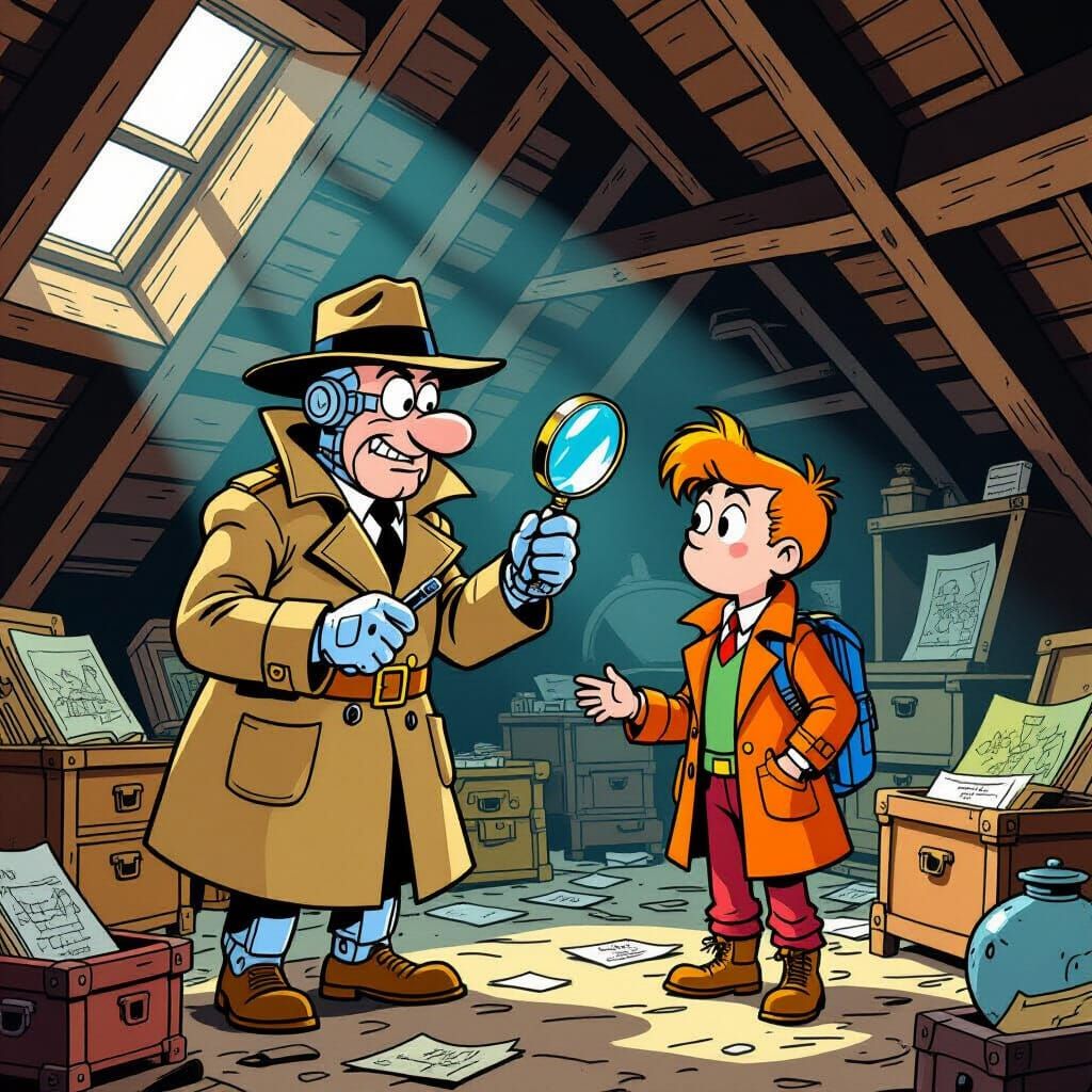 Cyborg Detective Inspects Reporter in Dusty Attic Comic Styl...