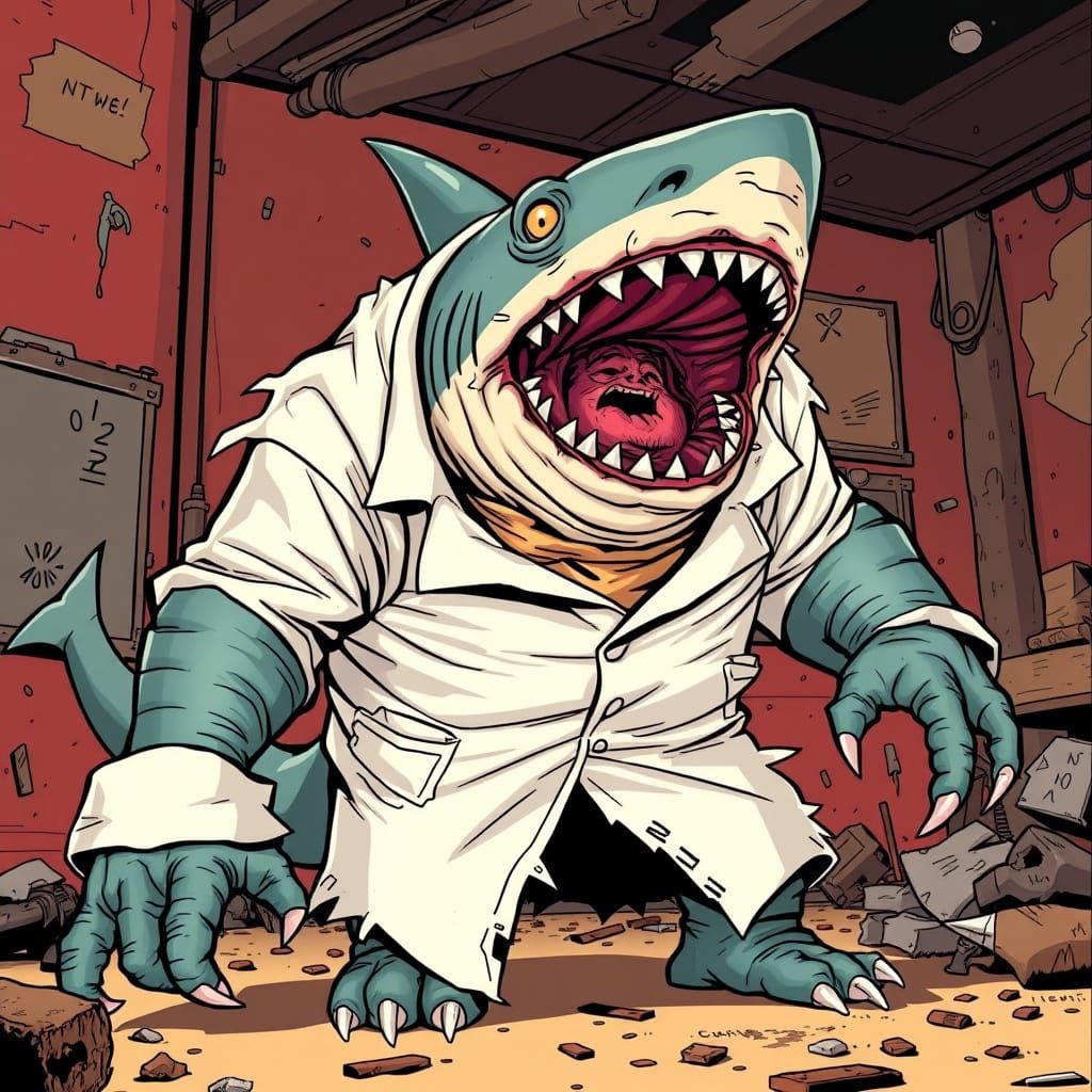 Frankenshark, colorful comic style by Ian Churchill