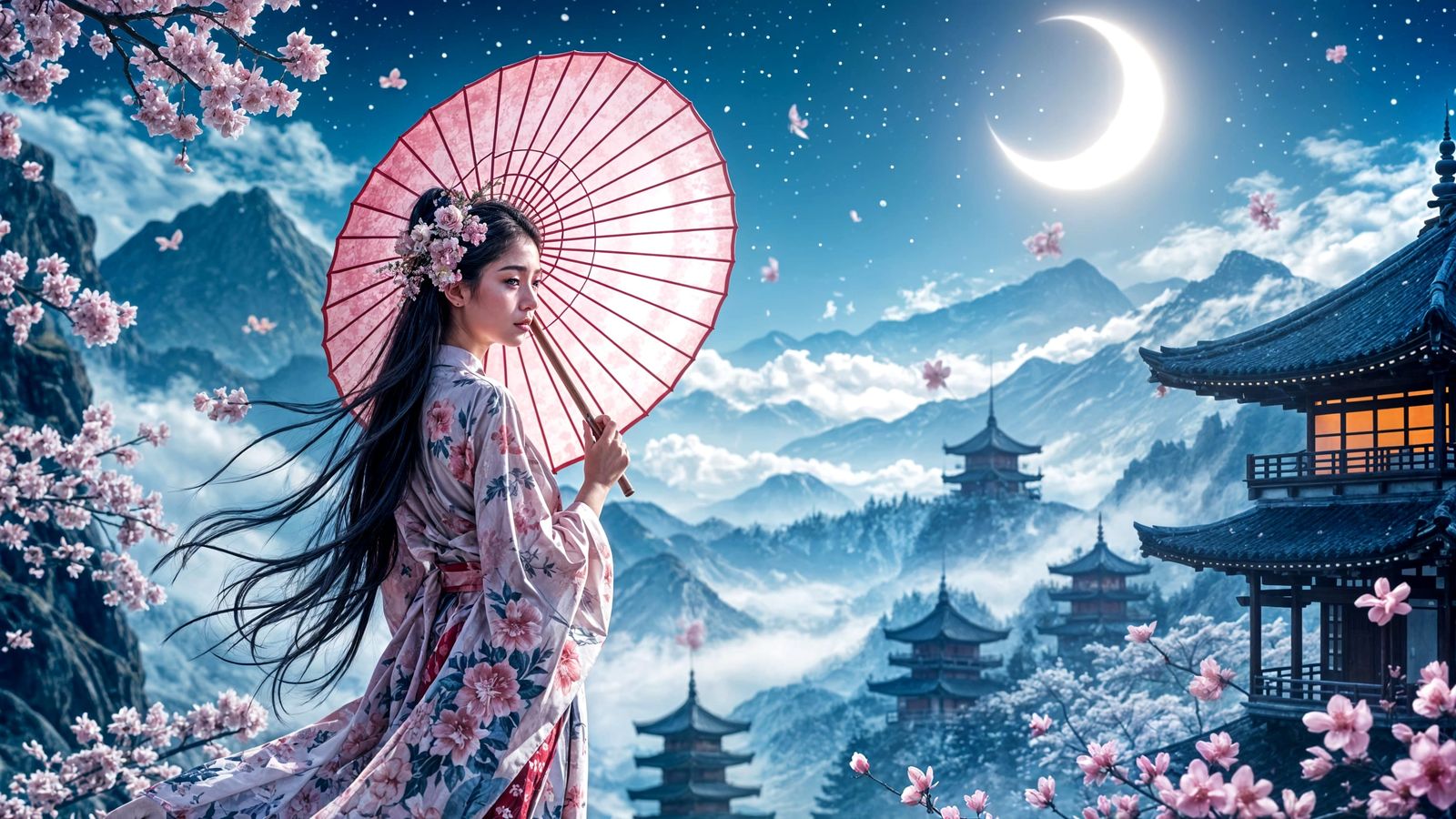 East Asian Woman in Kimono with Cherry Blossoms