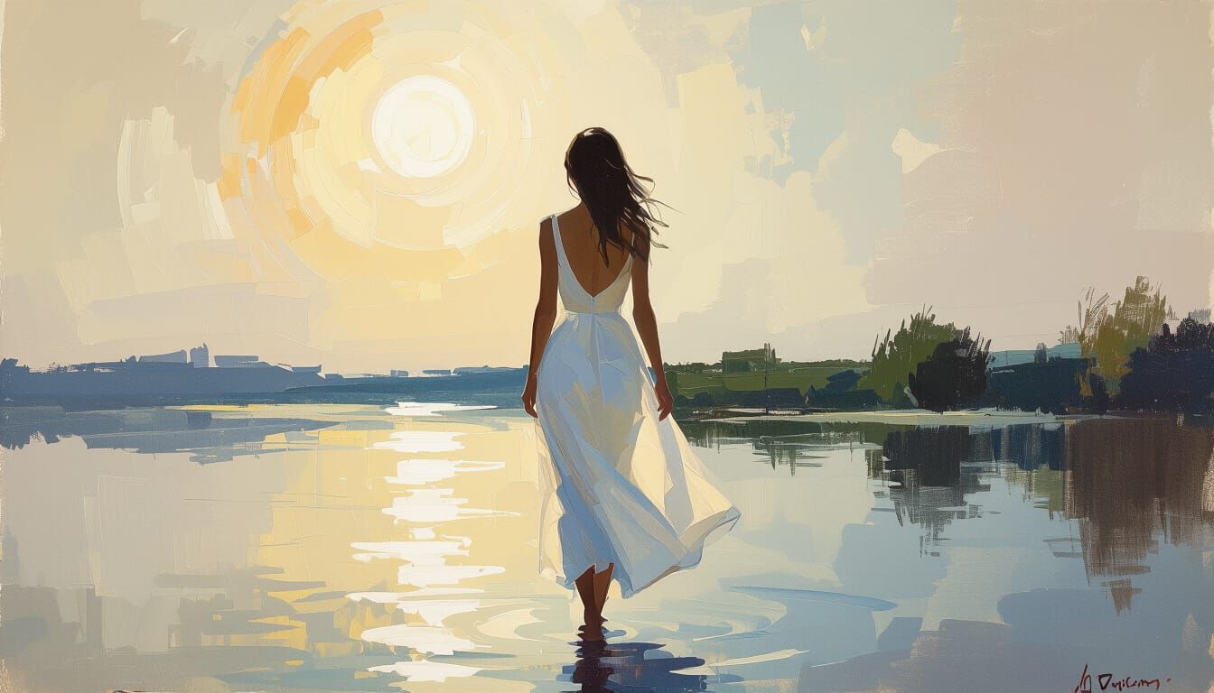 Woman in Sunlight with Flowing White Skirt