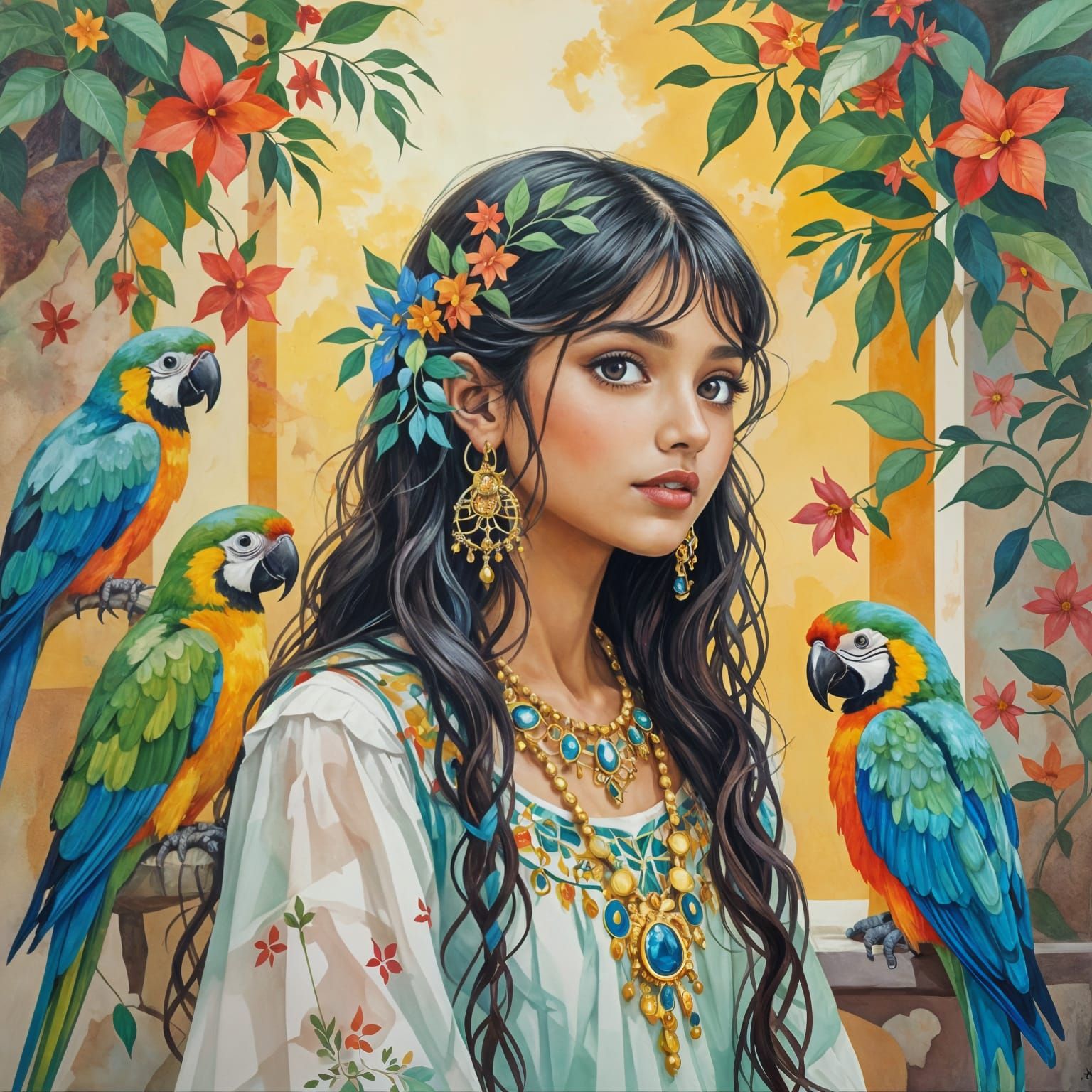Indian Girl with Parrots in Courtyard, Watercolor Style