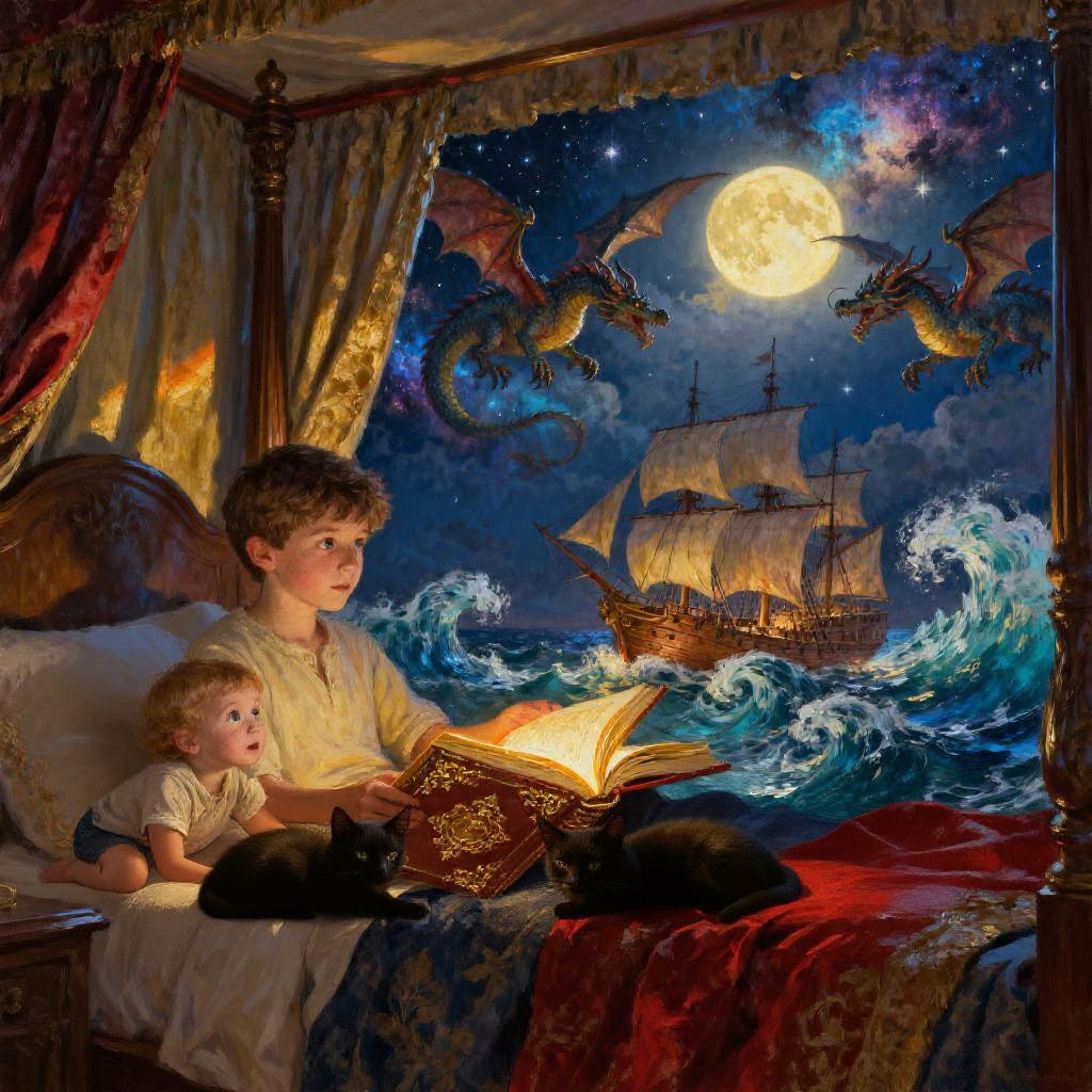 Enchanting Oil Painting of Boy Reading to Toddler