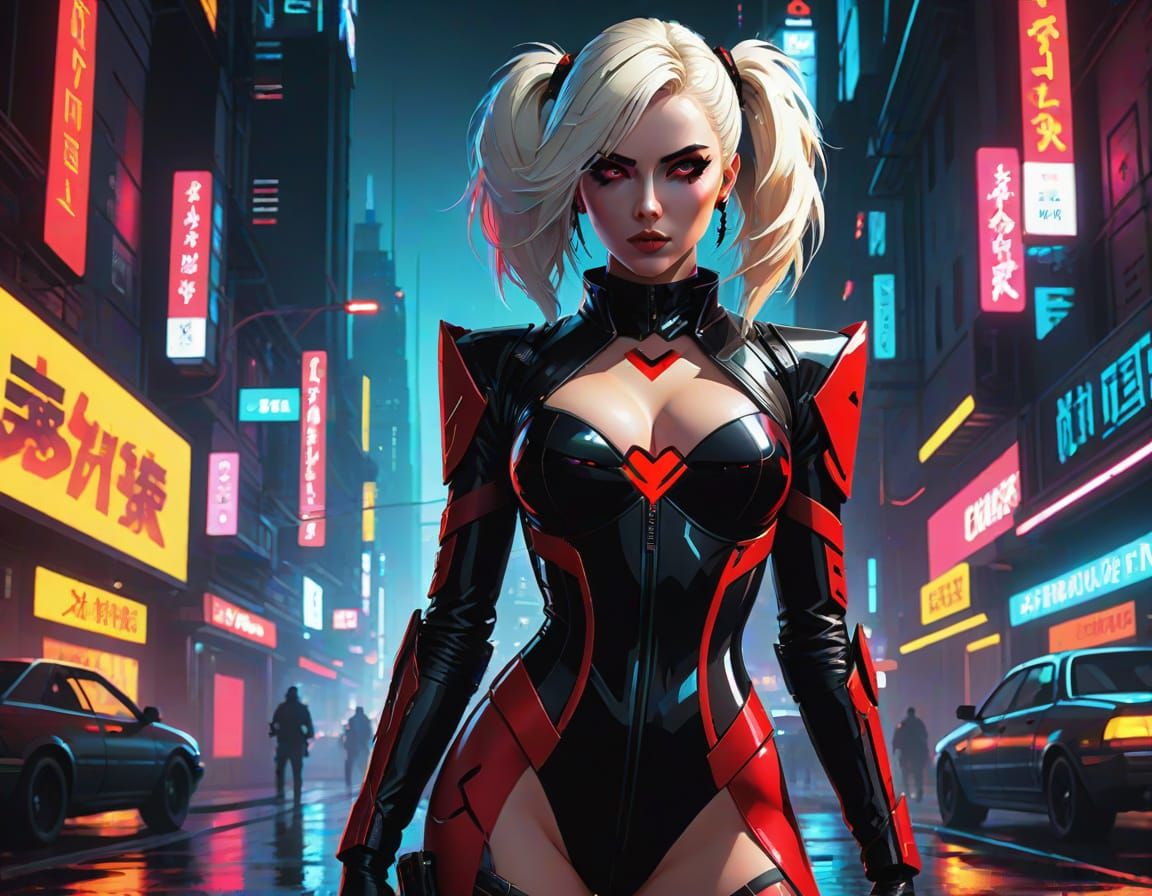 Cyberpunk Anime Goddess with Twin Katanas and Neon Cityscape