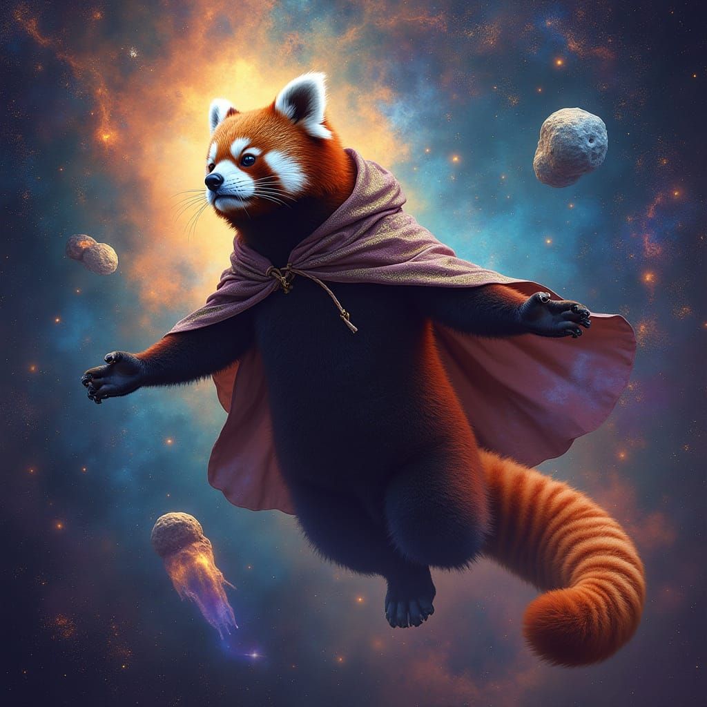 Red Panda Levitation in Psychedelic Space Art