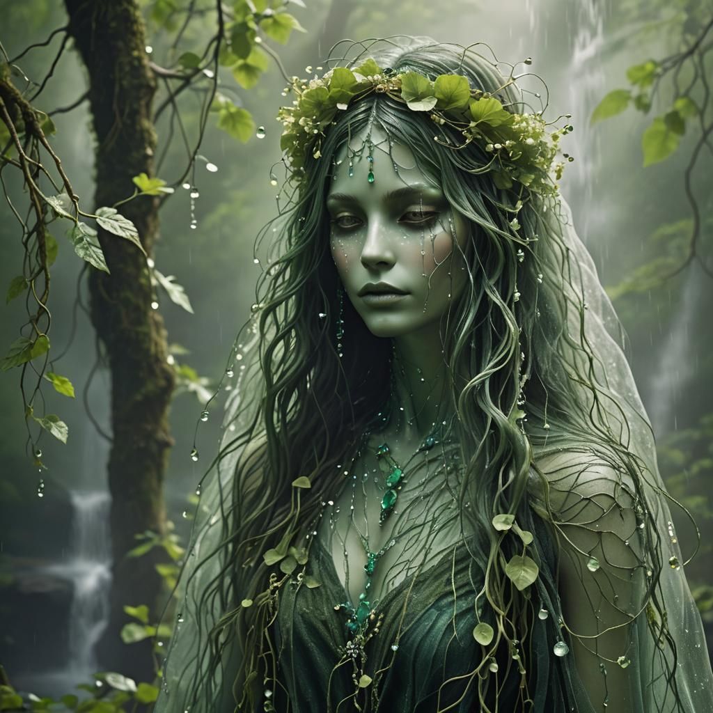 Enchanting Emerald Figure Emerges from Waterfall Mist