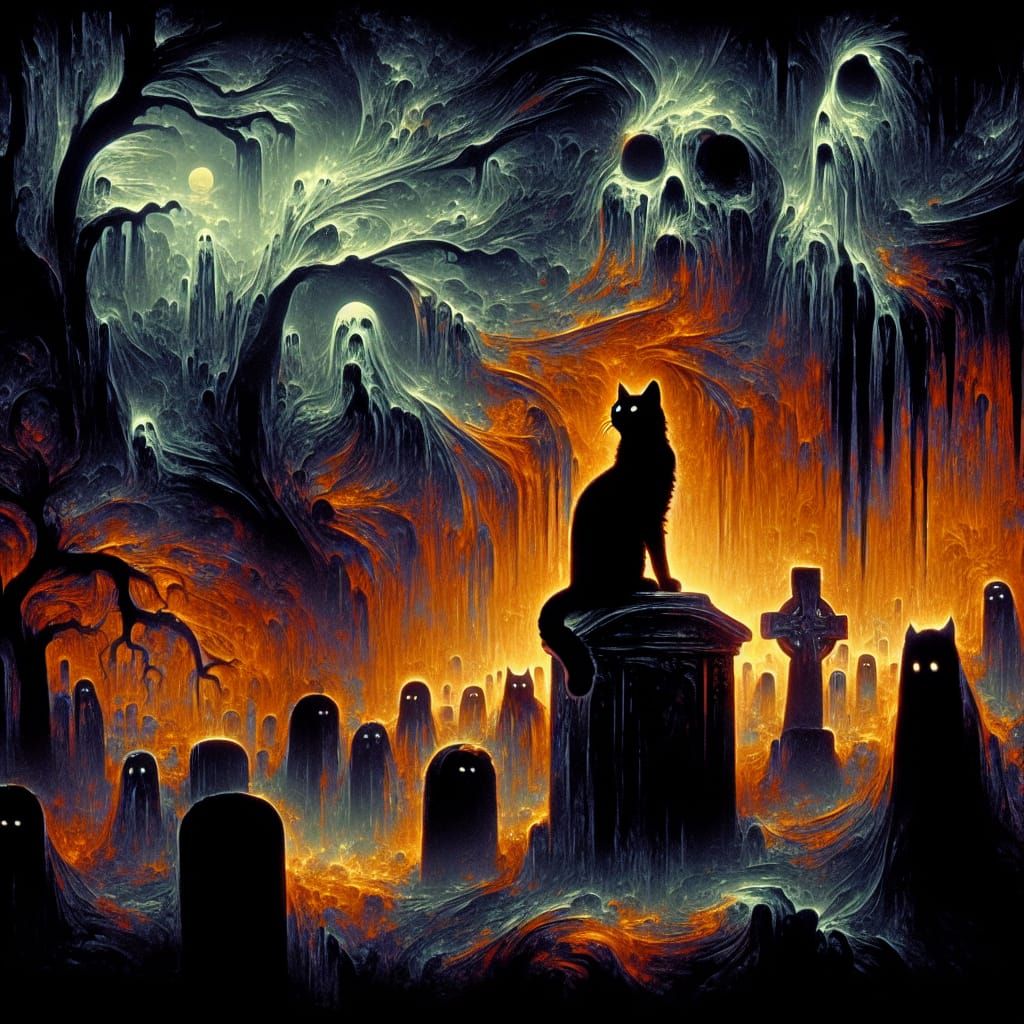 Dalle 3 A haunting and captivating painting of a cat on a gravestone, rendered in the distinctive style of Ron Walotsky,...
