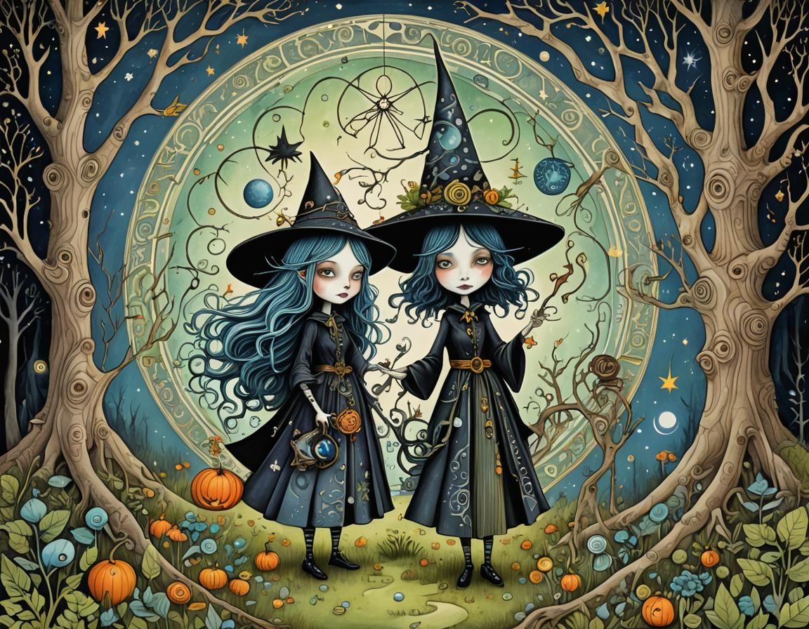 Whimsical Witch Trio in Forest Clearing