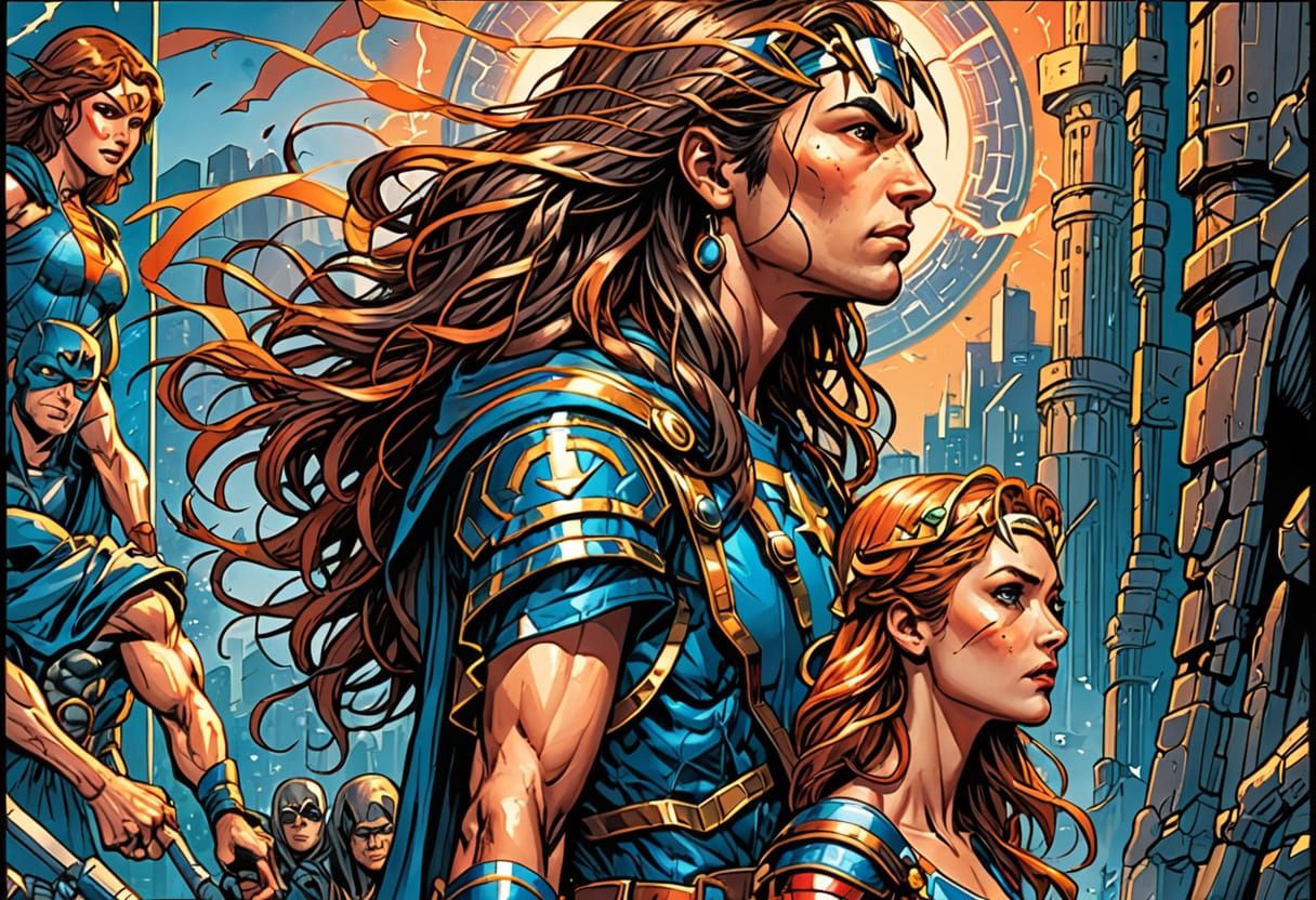 Heroic Superhero Stands Tall in City Skyline at Sunset, in t...