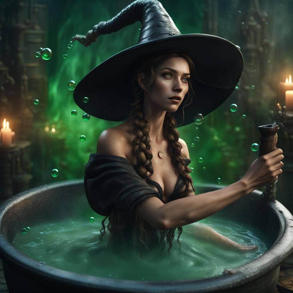 Witch in Cauldron Bath, Detailed Matte Painting