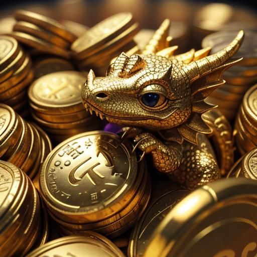 Baby Dragon Playing in Gold, 3D Rendered