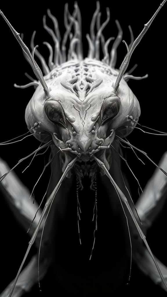 Biomechanical Mantis in High-Contrast Black and White