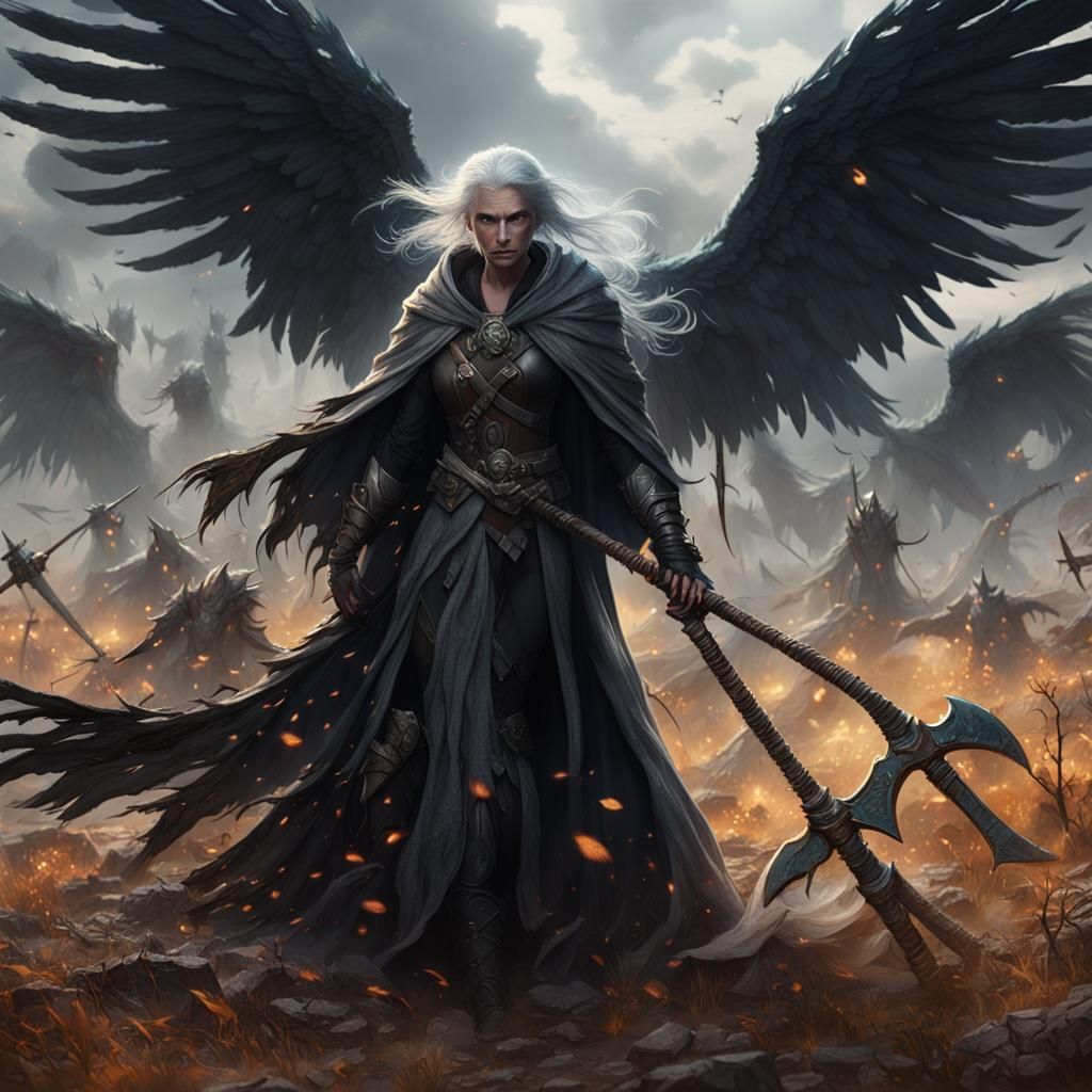 Winged Woman with Scythe on Battlefield