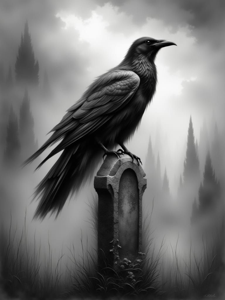 Raven on Gravestone with Mist in Realistic Oil Painting Styl...