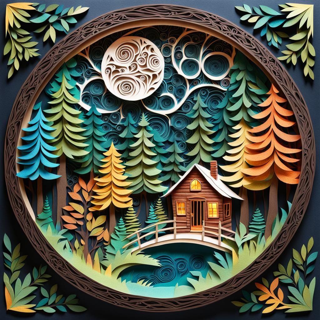 Colorful Intricate Paper Art Cabin with Raccoons