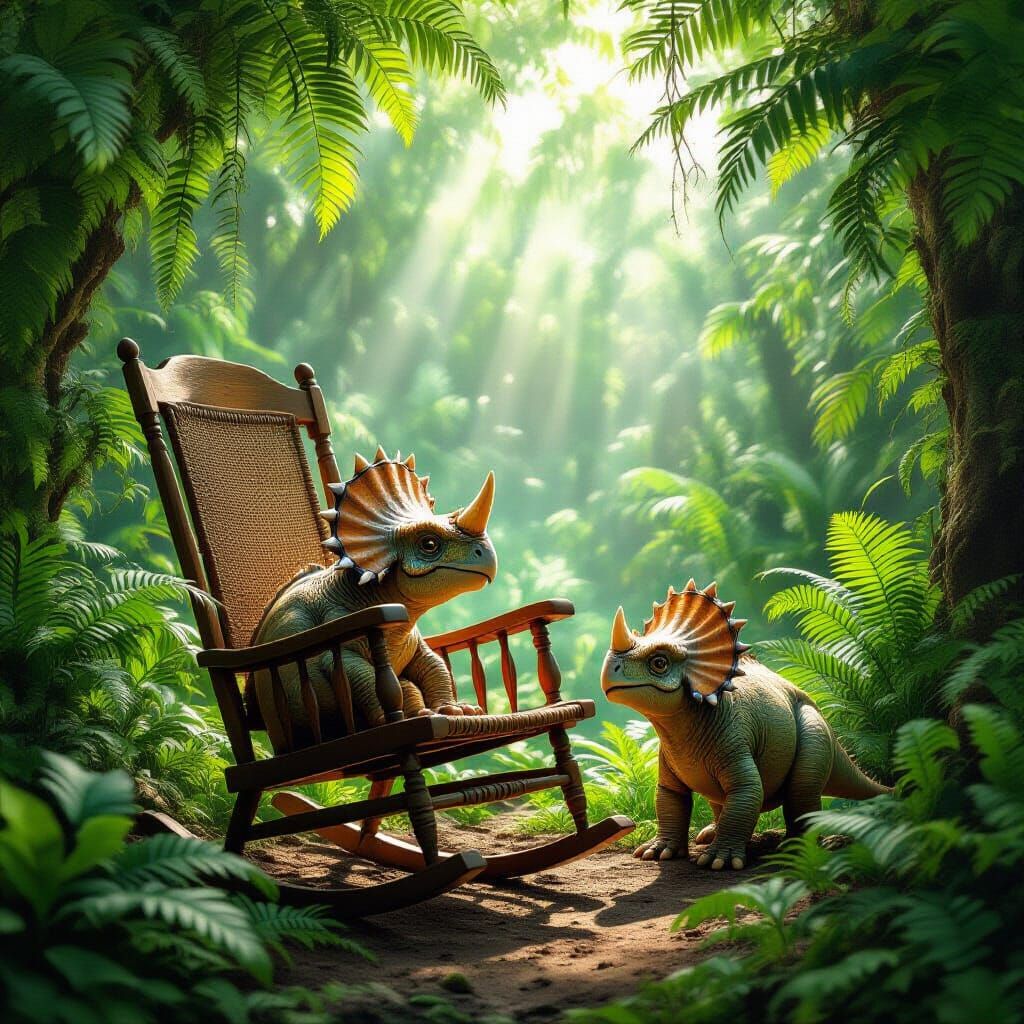 Rocking Chair in Prehistoric Jungle with Baby Triceratops
