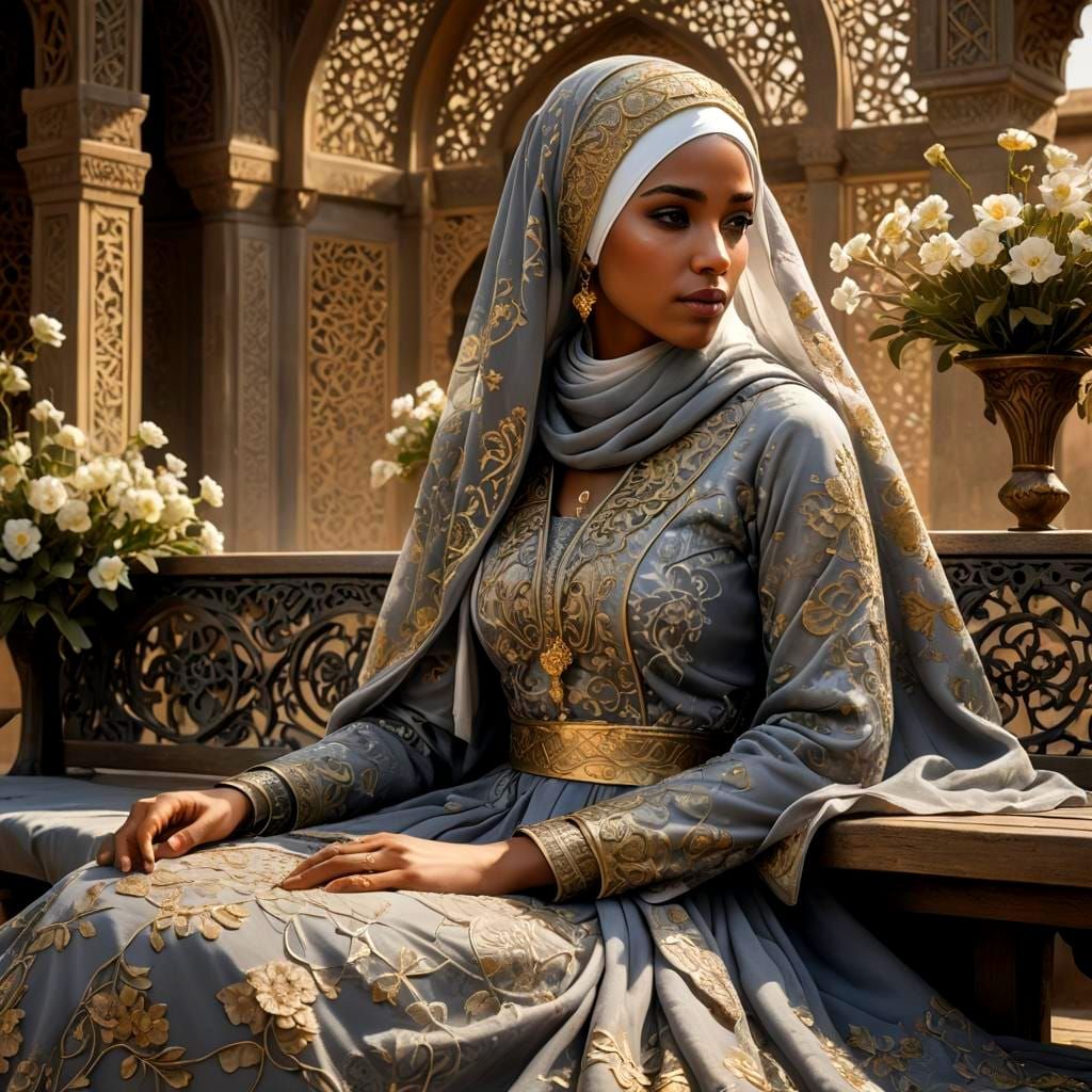 Muslim Girl in Veil with Arabesque Patterns
