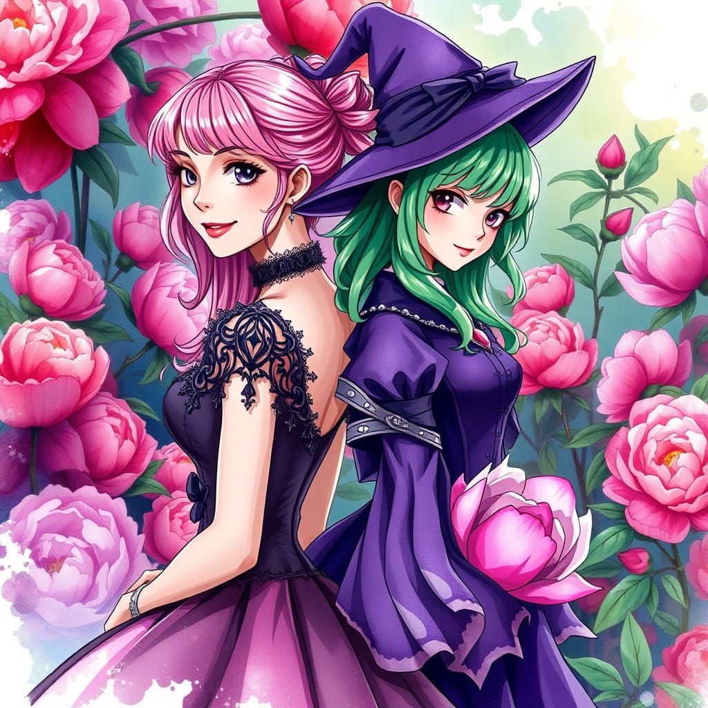 Peony Garden: Gothic Women in Vibrant Anime Style