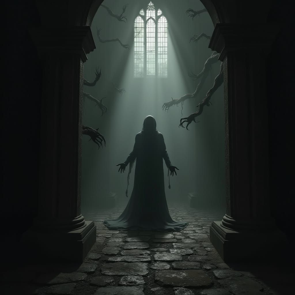Terrified Figure in Gothic Chamber