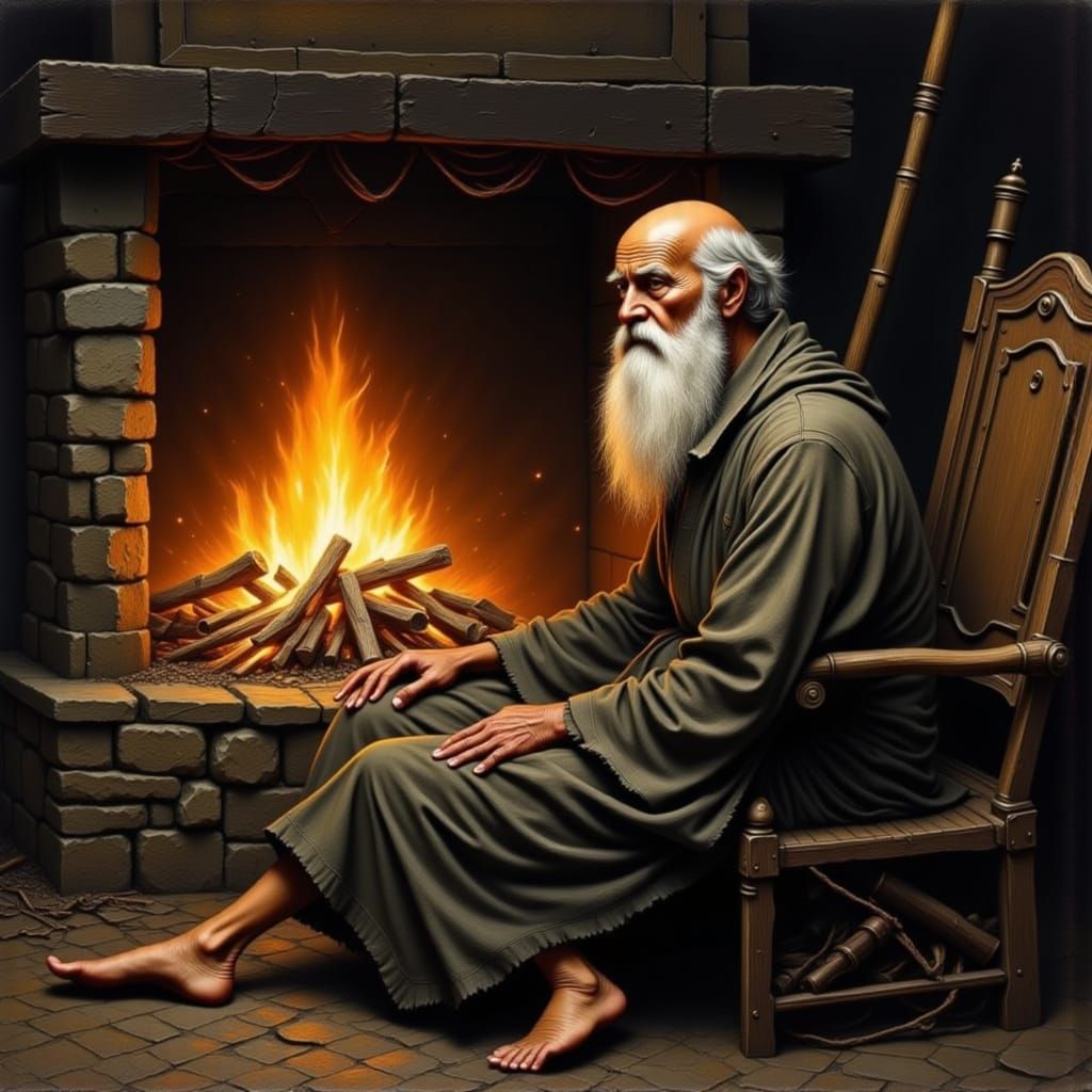 Wise Old Man by Fireplace in Painterly Style