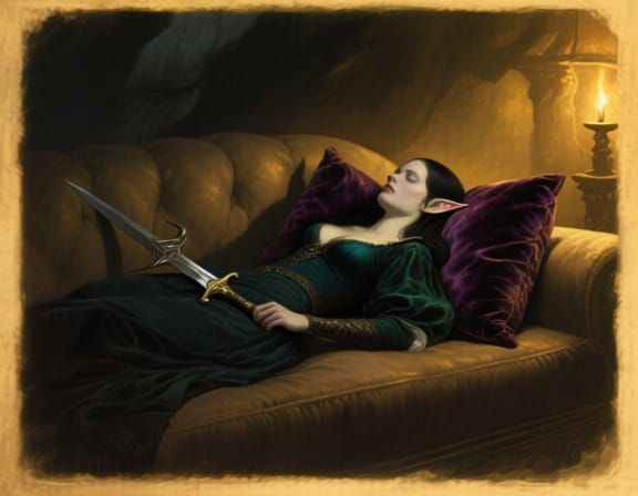 Dark Elf Reclining on Couch with Hidden Dagger