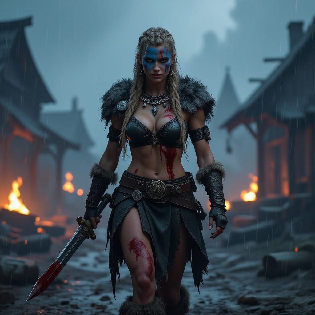 Blood-Soaked Barbarian Woman in Burning Village
