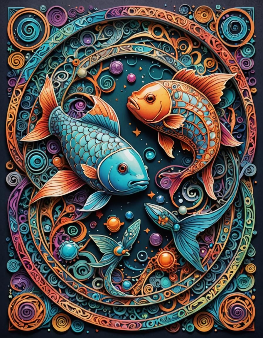3D Pisces Zodiac Symbol in Zentangle Style