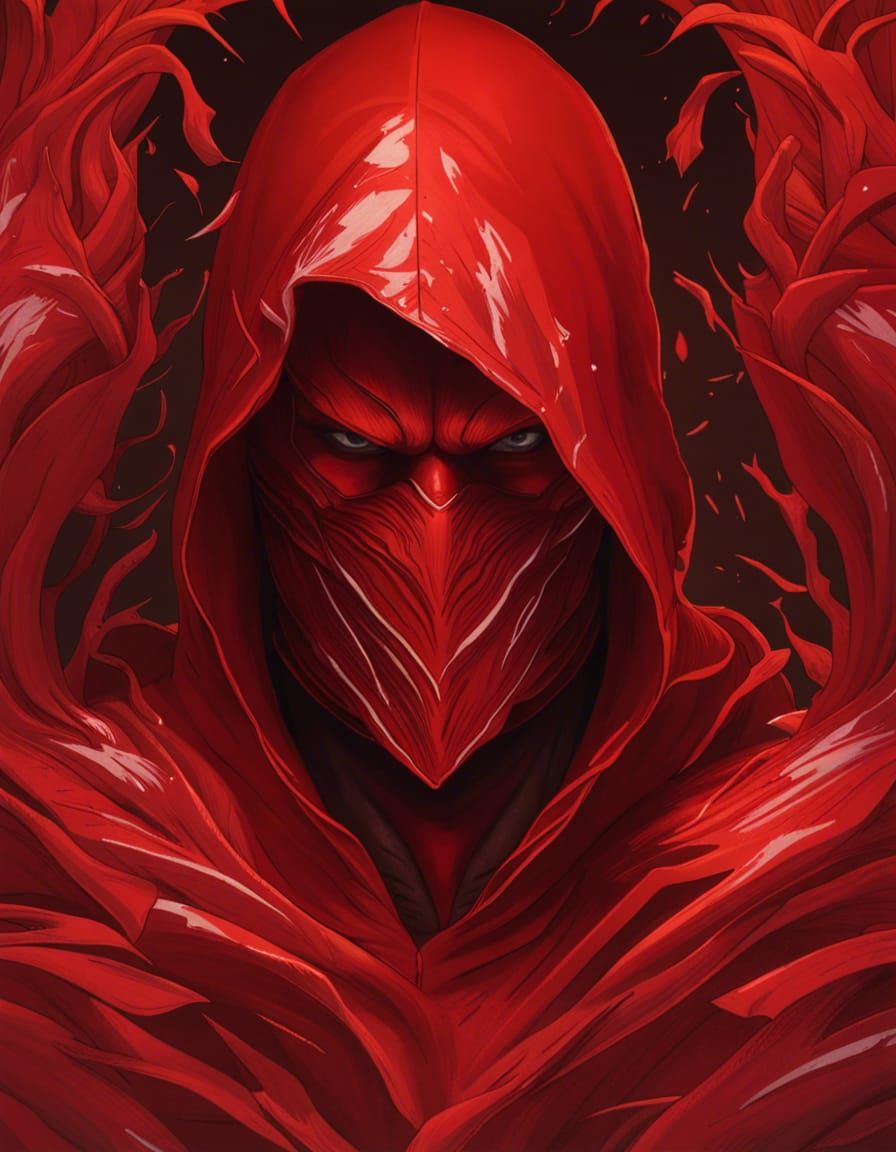 Intriguing Red-Hooded Figure with White Mask Portrait