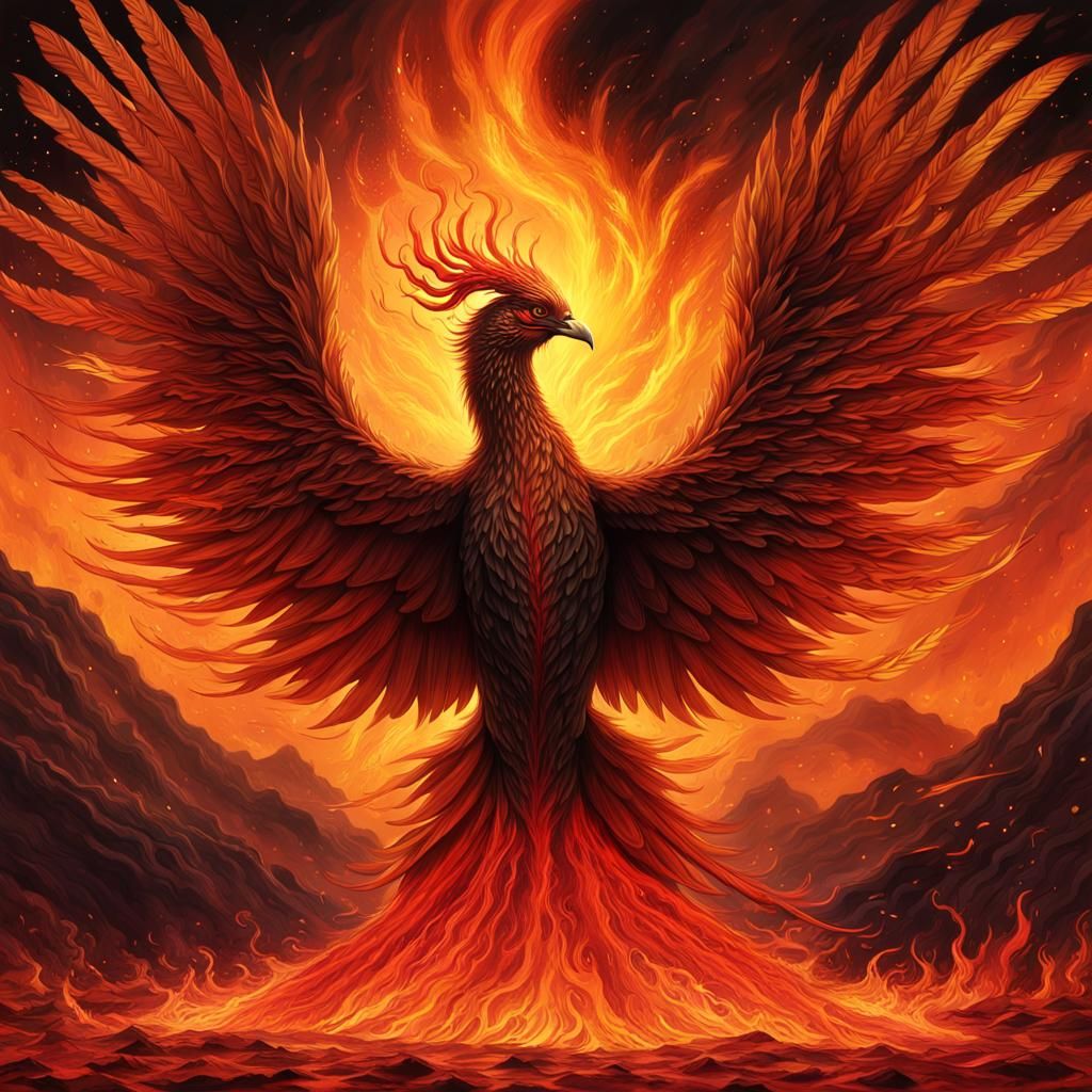 Majestic Phoenix Rising from Lava, Digital Art