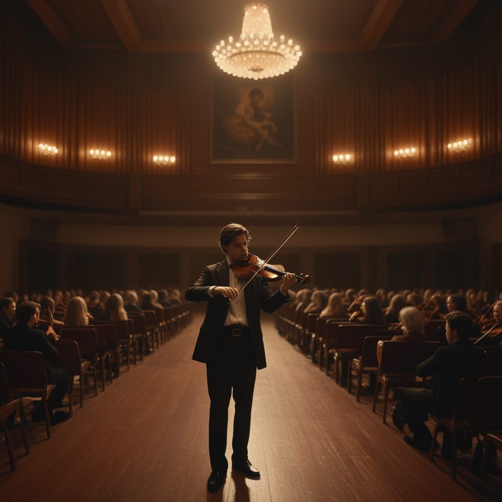 Ethereal Violinist in a Golden Concert Hall