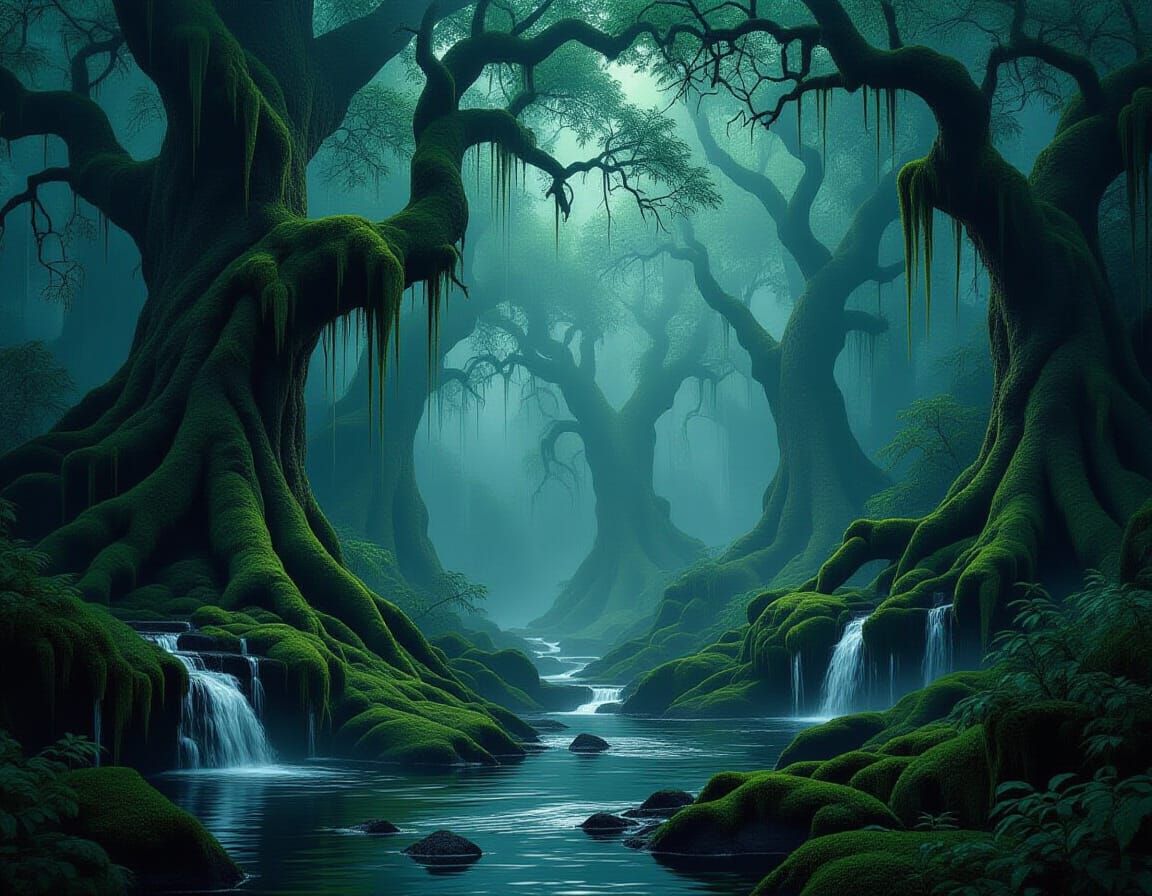 Mystical Twilight Forest in Heavy Rain