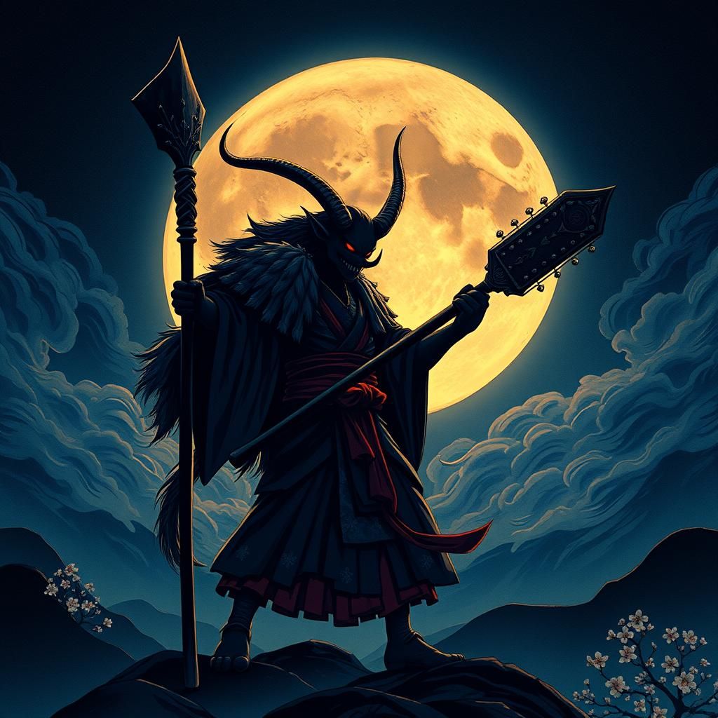 Yokai with Iron Club in Ukiyo-e Style