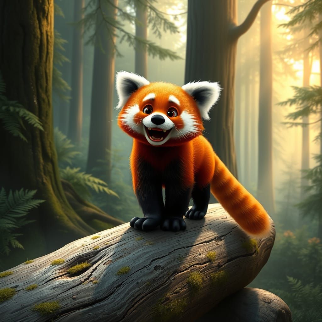 Joyful Red Panda Strolls Through Whimsical Forest
