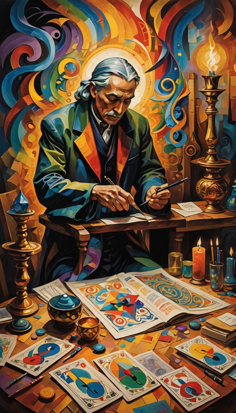 Cubist Rainbow Tarot Card Writer in Vibrant Colors