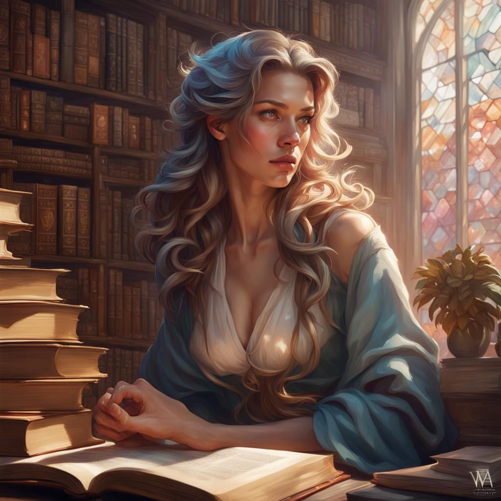 Enchanting Library Portrait in Digital Art Style