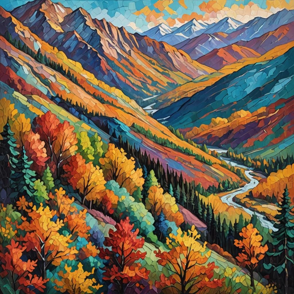 Autumn Mountainscape in Expressionist Oil Painting Style