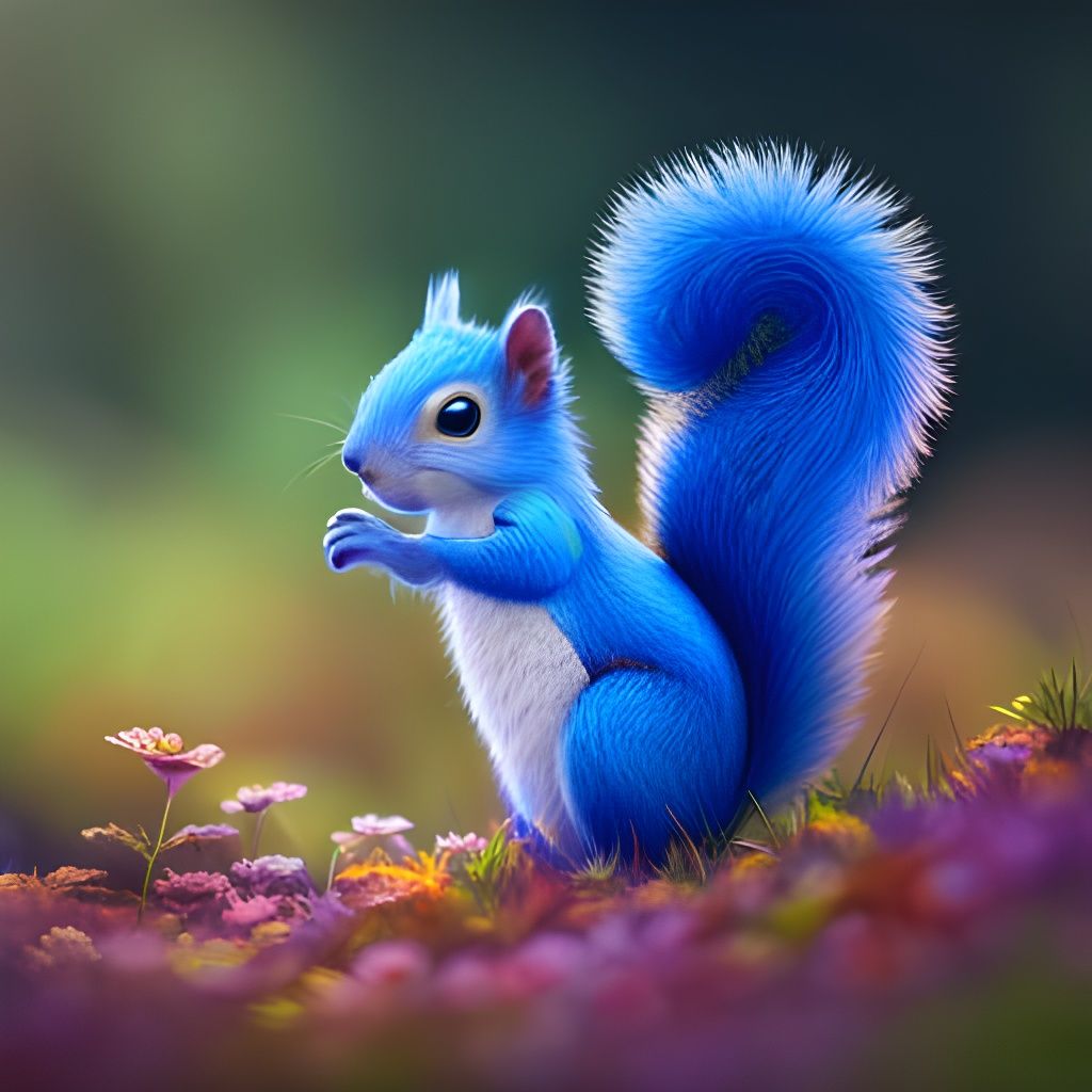 Blue Squirrel with Fluffy Tail, Photorealistic Close-up
