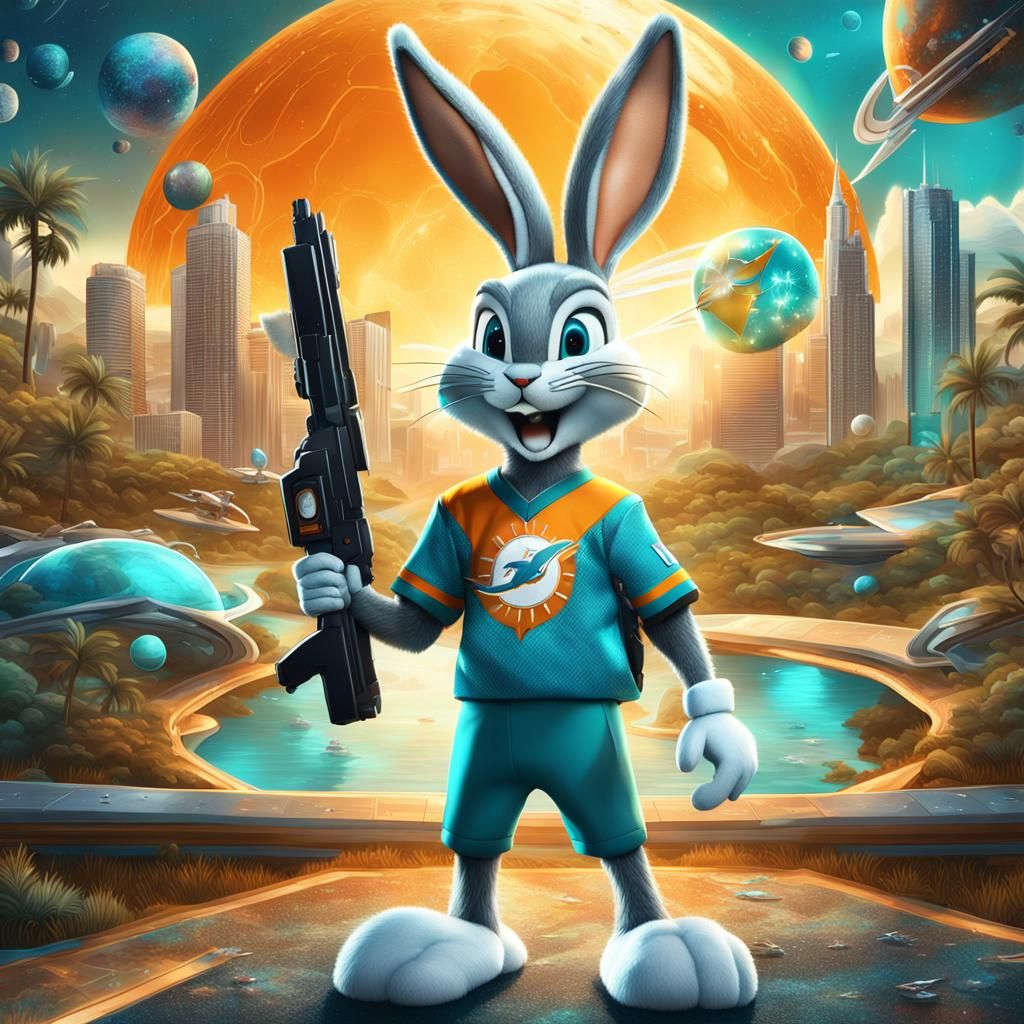 Bugs Bunny with Ray Gun in Futuristic Landscape