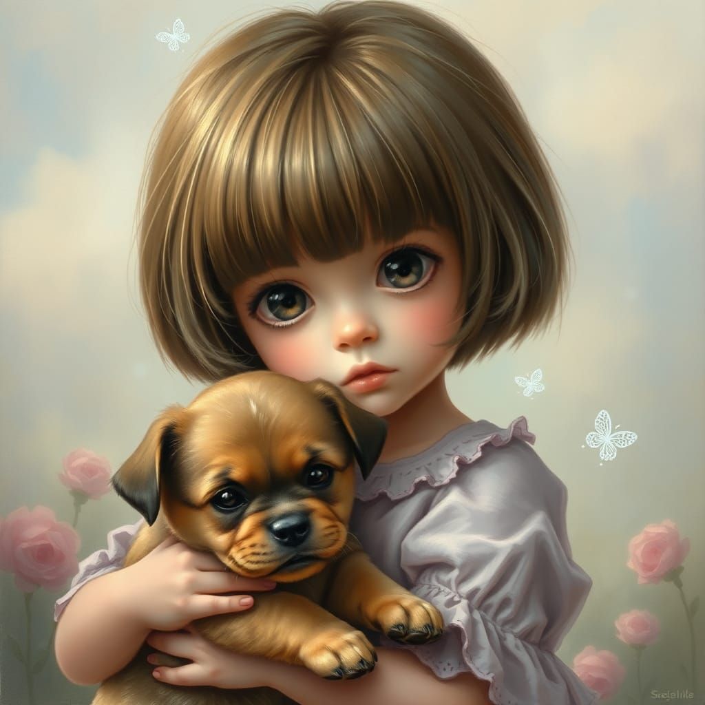 Sad Girl with Puppy in Ethereal Fantasy Style
