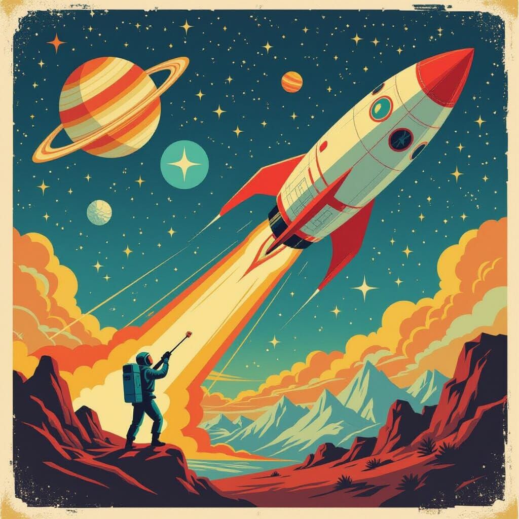 Retrofuturist Space Conquest Poster in Soviet Style