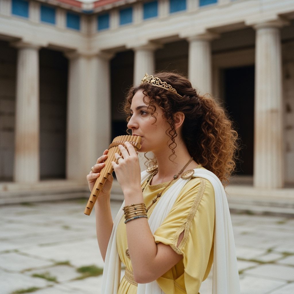 Mousike: Greek Goddess of Music in Ancient Courtyard